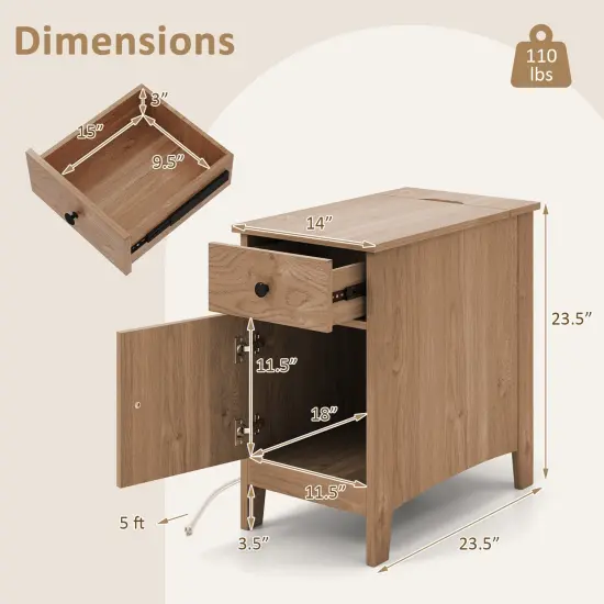 Flip Top Beside End Table with Charging Station Power Outlets and Pull-Out Drawer and Cabinet Natural {5}