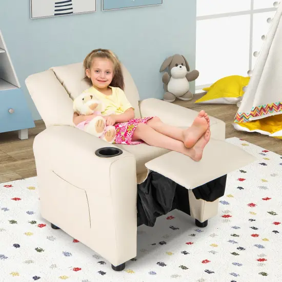 Sponge PU Wood PP Kids Recliner Chair with Adjustable Backrest, Footrest and Firm Cushion Beige {3}
