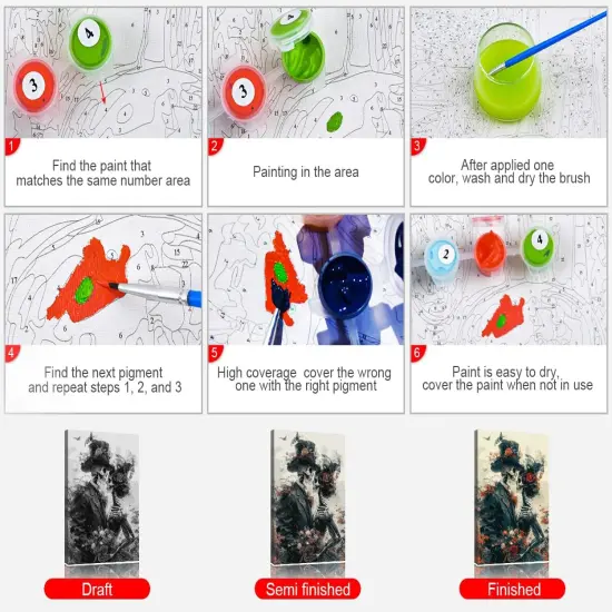 Adults Paint by Numbers Kits Romance Skull Paint by Number Wall Art Red Roses Butterflies and Floral Paint by Number Artwork Beautiful Skull Crafts Kits DIY Bedroom Wall Art 16x20 in (Frameless) {4}