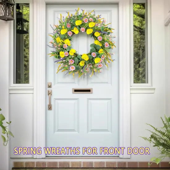 24'' Spring Wreaths for Front Door Decor Artificial Eucalyptus Flowers Summer Wreath with Poppy Daisy Lavender Floral Indoor Outdoor Wreaths Wedding Easter Party Farmhouse Wall Window Porch Home Decor {3}