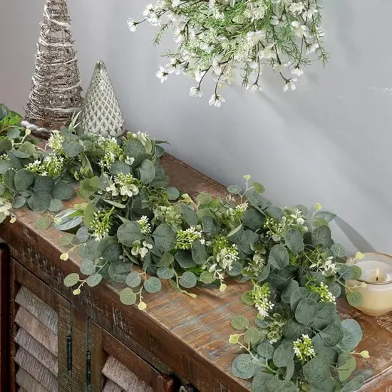 Artificial Eucalyptus Leaves Greenery Garland 2 Packs Faux Eucalyptus Garland Plant Spring Garland Vines with White Flowers Berries Table Runner for Wedding Arch Home Party Mantle Decor {1}