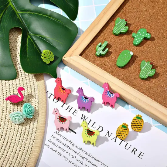 30 Pieces Decorative Push Pins Set Tropical Wooden Push Pins Thumbtacks Cute Cactus Llama Flamingo Alpaca Leaf Thumb Tacks for Cork Board Photos Wall Home Office School Supplies, 15 Styles {4}