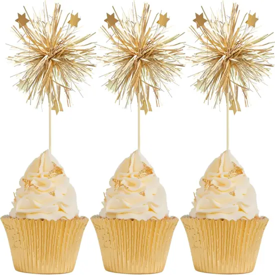30Pcs Foil Firework Cupcake Toppers Happy Birthday Cake Toppers Sparkle Tinsel Flower Drink Stirrers Cocktail Food Fruit Toothpicks for Valentine's Day Party Supplies Gold {1}