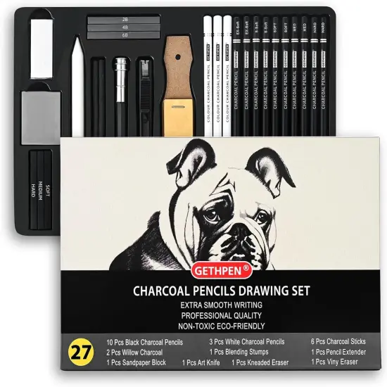 27 Piece Charcoal Drawing Set - Professional Black & White Charcoal Pencils for Sketching, Shading & Blending, Graphite Sticks with Artist Art Supplies Kit (Beginners & Professionals) {1}