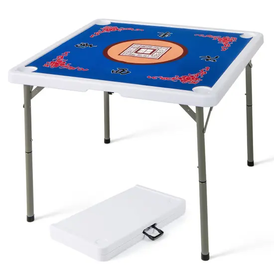 Portable Folding Mahjong Table with Cup Holders and Game Mat Blue {1}