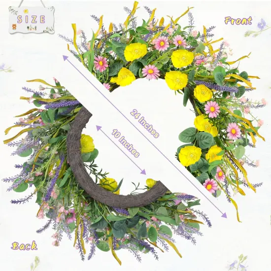 24'' Spring Wreaths for Front Door Decor Artificial Eucalyptus Flowers Summer Wreath with Poppy Daisy Lavender Floral Indoor Outdoor Wreaths Wedding Easter Party Farmhouse Wall Window Porch Home Decor {1}
