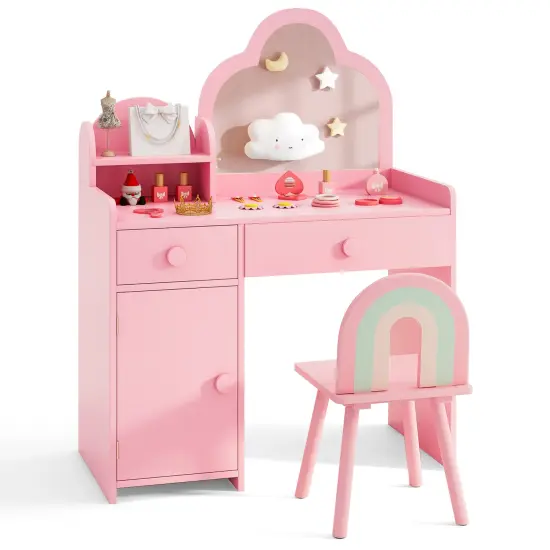 Kids Vanity Set, Cloud Shape Mirror, Storage and Pine Wood Stool Pink {1}