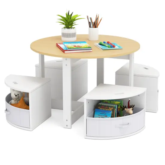 Kids Table Set with 4 Stools, MDF Nesting Design and Storage Bins Natural {3}