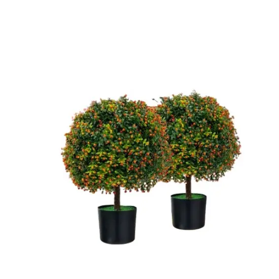 2 Pack Artificial Boxwood Topiary Ball Tree 22" Faux Bushes Plants with Orange {1}