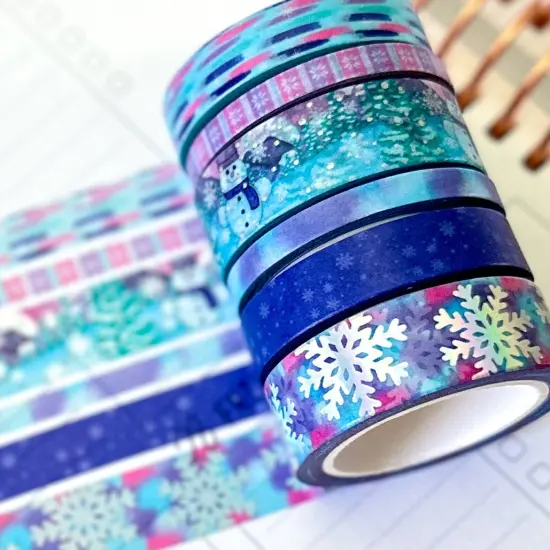 FOILED Silver Snowflakes Snowman Snowmen Snow Pink Purple Blue Washi Tape Set February 2025 - W126 {1}