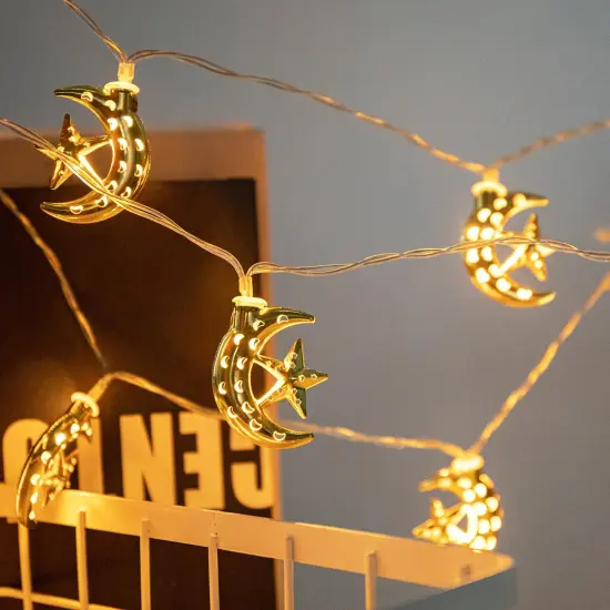 Vigdur Ramadan String Lights - 20 LEDs Eid Mubark Moon Star Fairy Lights Battery Operated with Timer, Ramanda Decoration Lights for Eid Al Adha Ramadan Home Decor, 10FT {1}