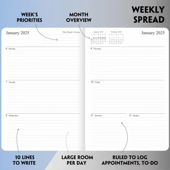 2025 Planner - Weekly and Monthly Planner Jan 2025 - Dec 2025, Holidays, Contacts and Notes Pages, Vegan Leather Cover, Elastic Closure, 5.5&rdquo;x8.25&rdquo;, Grey {4}