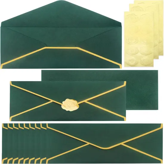 Business Envelopes with V-Flap,Gold Border 30 Pack #10 Envelopes Made of 150gsm Paper, Standard Envelopes with Gold Stickers for Office, Checks, Letter Mailing,9.45 x 4.13 Inches (Christmas Green) {1}