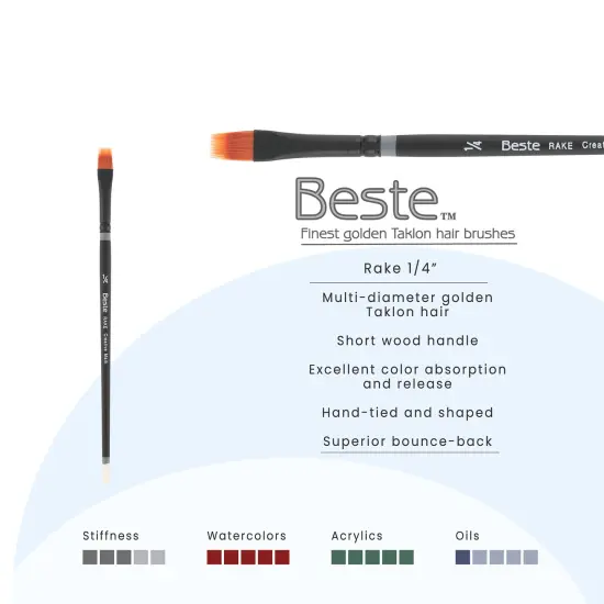 Creative Mark Beste Golden Taklon Rake 1/4" Artist Brush, Professional Watercolor Brushes, For Acrylic Painting, Short Handle, Sharp Edges, Hand-Tied & Shaped {3}