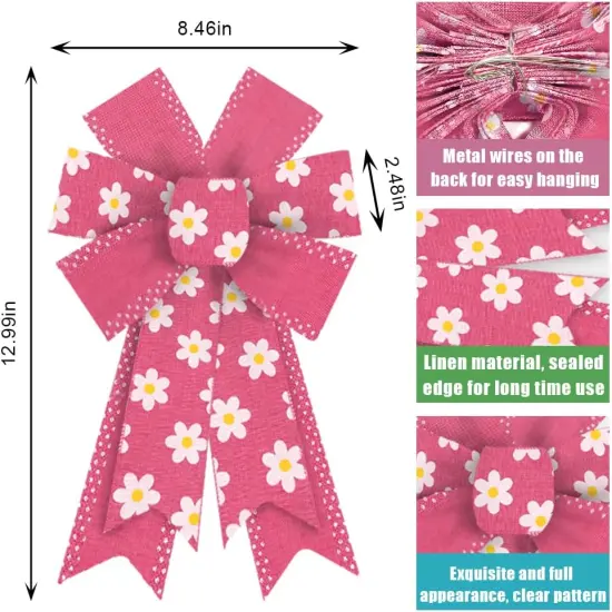 2 Pieces Spring Bows for Wreath, Spring Wreath Bows Pink Burlap Bows Farmhouse Flowers Bows Bows for Front Door Easter Spring Birthday Party Decorations {2}