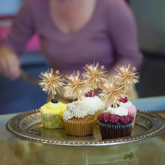 30Pcs Foil Firework Cupcake Toppers Happy Birthday Cake Toppers Sparkle Tinsel Flower Drink Stirrers Cocktail Food Fruit Toothpicks for Valentine's Day Party Supplies Gold {4}