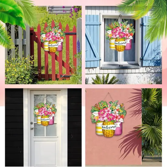Summer Welcome Door Decoration Pineapple Mason Jar Welcome Wooden Sign Farmhouse Holidays Wall Decor with Rope for Home Front Door Porch Outdoor {5}