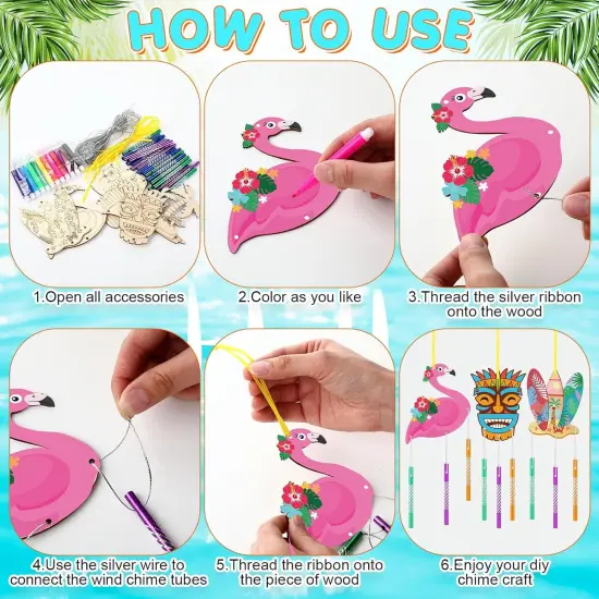 16 Pack Summer Wind Chime Kit Hawaii Craft Make Your Own Flamingos Tiki Surfboard Wind Chime DIY Wooden {3}