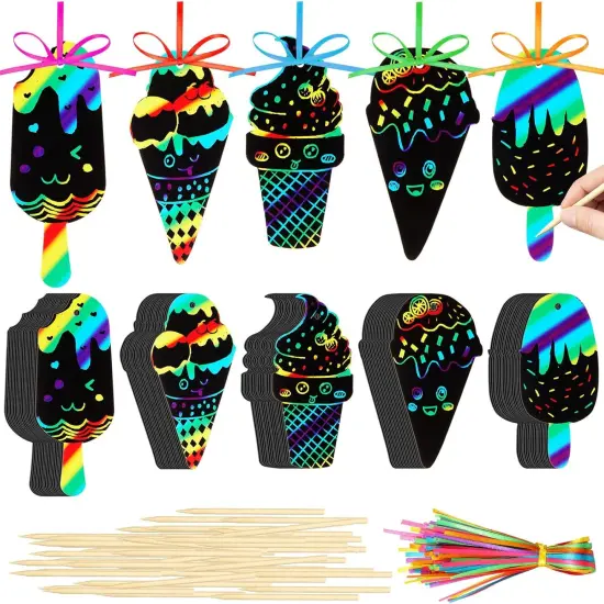 100 Pcs Ice Cream Scratch Cards Rainbow Color Scratch Ornaments Summer Scratch Paper Crafts Kits {1}