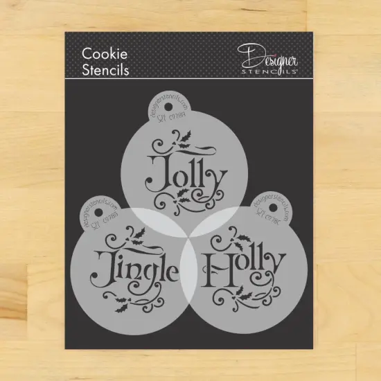 Holly, Jolly and Jingle Cookie Stencil Set | C978 by Designer Stencils | Cookie Decorating Tools | Baking Stencils for Royal Icing, Airbrush, Dusting Powder | Reusable Plastic Food Grade Stencil for Cookies | Easy to Use & Clean Cookie Stencil {1}