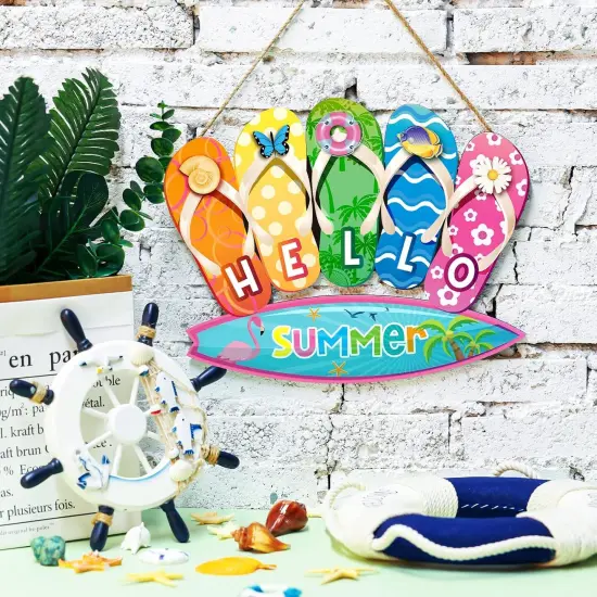 Summer Slippers Hanging Sign Shape Welcome Hello Flip Flop Wooden Door Sign Hanging Plaque Rustic Wall Sign Yard Indoor Outdoor Garden Decoration with Rope (Hello Summer) {3}