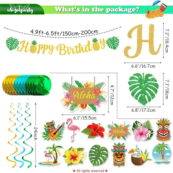 Hawaiian Happy Birthday Banner,Luau Birthday Party Decorations Aloha Summer Beach Themed Glittery Flower Garland Tiki Flamingo Pineapple Palm Leaves Tropical Party Decorations for Birthday Decor {3}