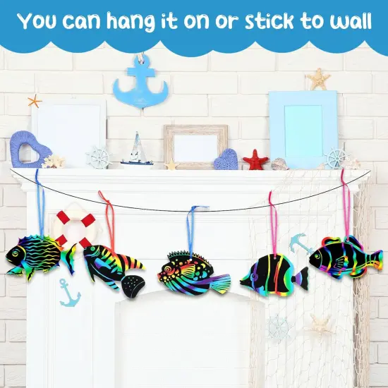80 Pieces Tropical Fish Scratch Card for Kids Rainbow Ocean Fish Paper Crafts Sea Animal Ornament Under The Sea Party Favors with Wooden Stick and Ribbon for Summer {4}
