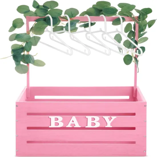 Large Wooden Baby Shower Crate Closet with Handle and Garland, 17.7inch Baby Shower Basket for Newborn Girl Boys Gifts Pregnancy New Parent(Pink) {1}