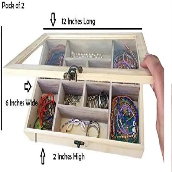 2 Pack Unfinished Wood Classic Box with Hinged Glass Lid for Arts, Crafts, Hobbies, Beads Jewelry and Much More | 14 Compartment Ready to Paint Decorate and Personalize {3}