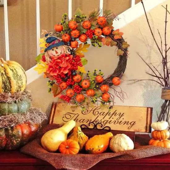 Fall Pumpkin Wreath with Scarecrow and Berries - 20 Inch {5}
