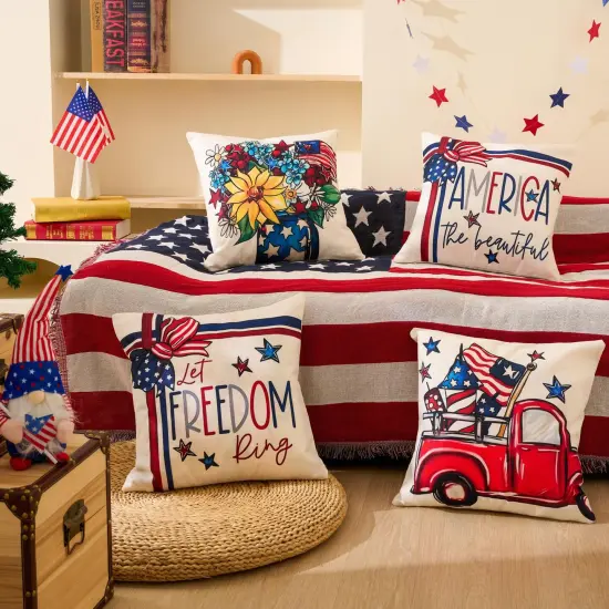 4th of July Decor-Throw Pillow Covers 18x18in Set of 4,Patriotic Linen Pillow Case for Independence Day,Memorial Day,Veteran's Day,USA,American Summer Outdoor Red White Blue Decorations {6}