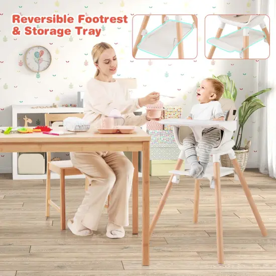 Costway 6-in-1 Convertible Wooden Baby Highchair Infant Feeding Chair with Removable Tray Black/Grey/Pink/White/Beige {4}