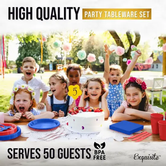 Exquisite 350 Pcs Plastic Plates for Party &ndash; Disposable Plates Set &ndash; 50 Each of 9" Dinner Plates, 7" Dessert Plates, Plastic Cups, Napkins & Plastic Cutlery &ndash; Plastic Dinnerware by Party Solids Red White & Blue {6}