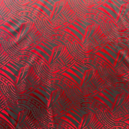 1 Yard Traditional Polynesian Pattern Polyester Foil Fabric, 100% Polyester, Reflective Tribal Design Black & Red {1}