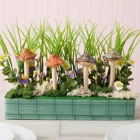 4 Pack 5-inch Ceramic Mushroom Plant Garden Ornament and Decor - Outdoor Decoration Stakes for Planter Pots {4}