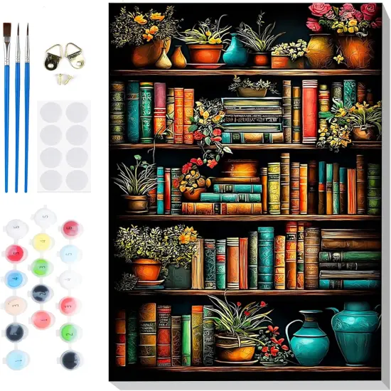 Framed Paint by Numbers Bookshelf for Adults Beginners, 8x12in {1}