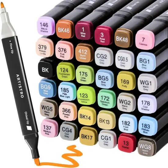 36 Dual-Tip Alcohol Markers - Alcohol-Based Pens Set, Chisel + Fine Tip, Quick Dry, Carrying Case Included {1}