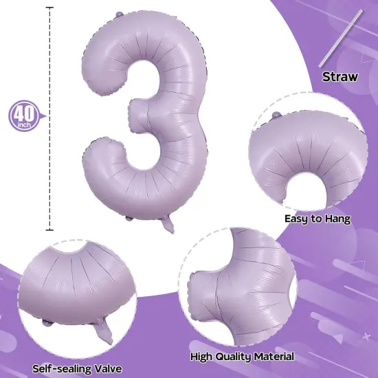 Large Dusty Pastel Purple 3 Balloons, 40 Inch Giant Light Purple Helium Mylar Foil Globos Numero for Girls, Self Inflating 3rd Birthday Balloon for Women Three Anniversary Party Decorations Supplies {2}