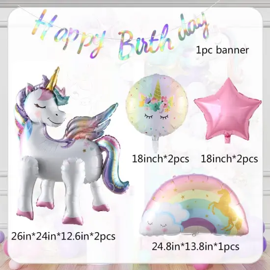 8Pcs Self-Standing Unicorn Balloons Rainbow and Star Foil Balloons with Happy Birthday Banner for Baby Shower Unicorn Birthday Party Decorations (standing set) {2}