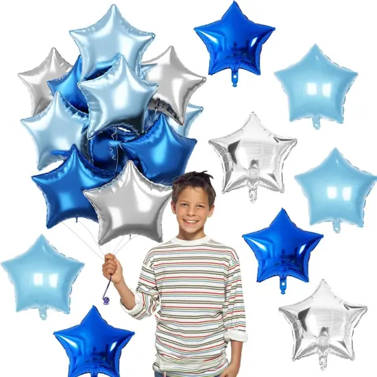 Blue Star Foil Balloons, 18 Inch Royal Blue Silver Stars Shape Mylar Helium Balloons 12 Pcs Large Light Blue Silver Pentagram Balloons Party Decoration for Birthday Graduation Baby Shower {3}