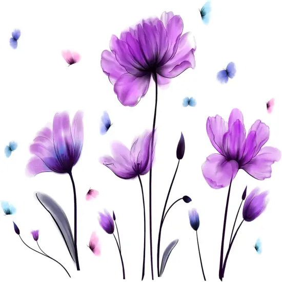 Flowers Wall Sticker Purple Floral Wall Decal Removable Butterfly Wall Stickers Self Adhesive Wall Mural for Nursery Bedroom Kids Room {5}