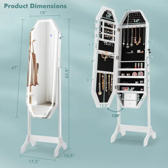 Costway Standing Jewelry Cabinet Armoire Organizer LED Light Mirror Lockable White {4}