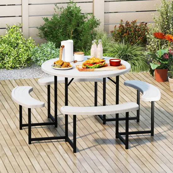 Costway Round Picnic Table Bench Set with 4 Benches Umbrella Hole All Weather Tabletop White/Green/Gray/Black {1}