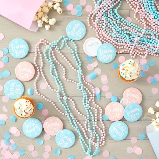 Baby Gender Reveal Party Favors, Team Boy and Girl Button Pins, Bead Necklaces (48 Pieces) Pink {2}