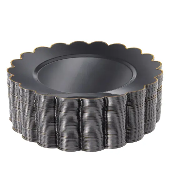 50 Pack Black Plastic Plates, 9 Inch Disposable for Party Supplies, Wedding, Gold Foil Scalloped Edges {5}