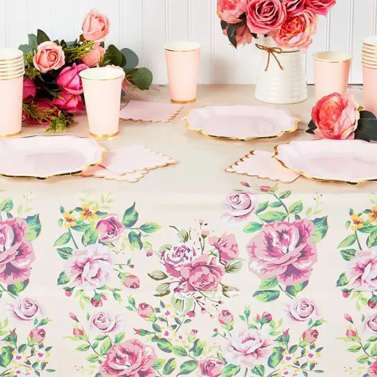 3 Pack Floral Pink Rose Tablecloth, Plastic Table Cover for Wedding, Birthday Party Decorations (54 x 108 in) {3}