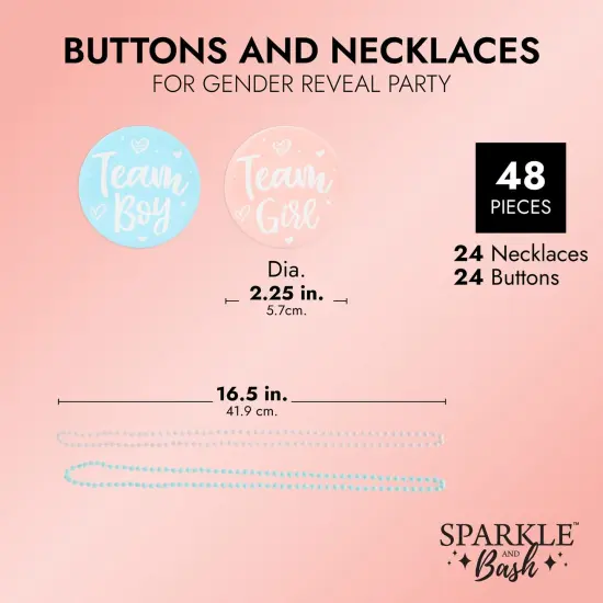 Baby Gender Reveal Party Favors, Team Boy and Girl Button Pins, Bead Necklaces (48 Pieces) Pink {3}