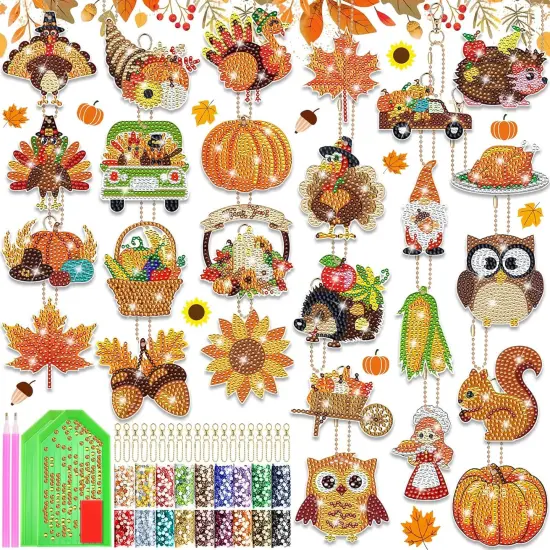 26 Pcs Double Side Thanksgiving Diamond Art Keychain {1}