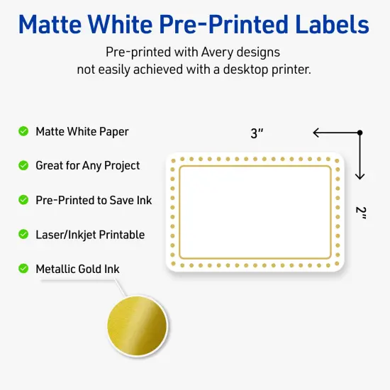 Avery Printable Rectangle Labels, Gold Border with Gold Dots, 2" x 3", Matte White Rectangle Labels, Permanent, Laser/Inkjet, 80ct, Great for Product Labels {2}