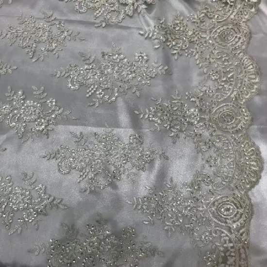 1 Yard Ivory Sequin Lace Fabric 54&rdquo; Wide Polyester Mesh with Embroidery & Sequins for Bridal & Decor {1}